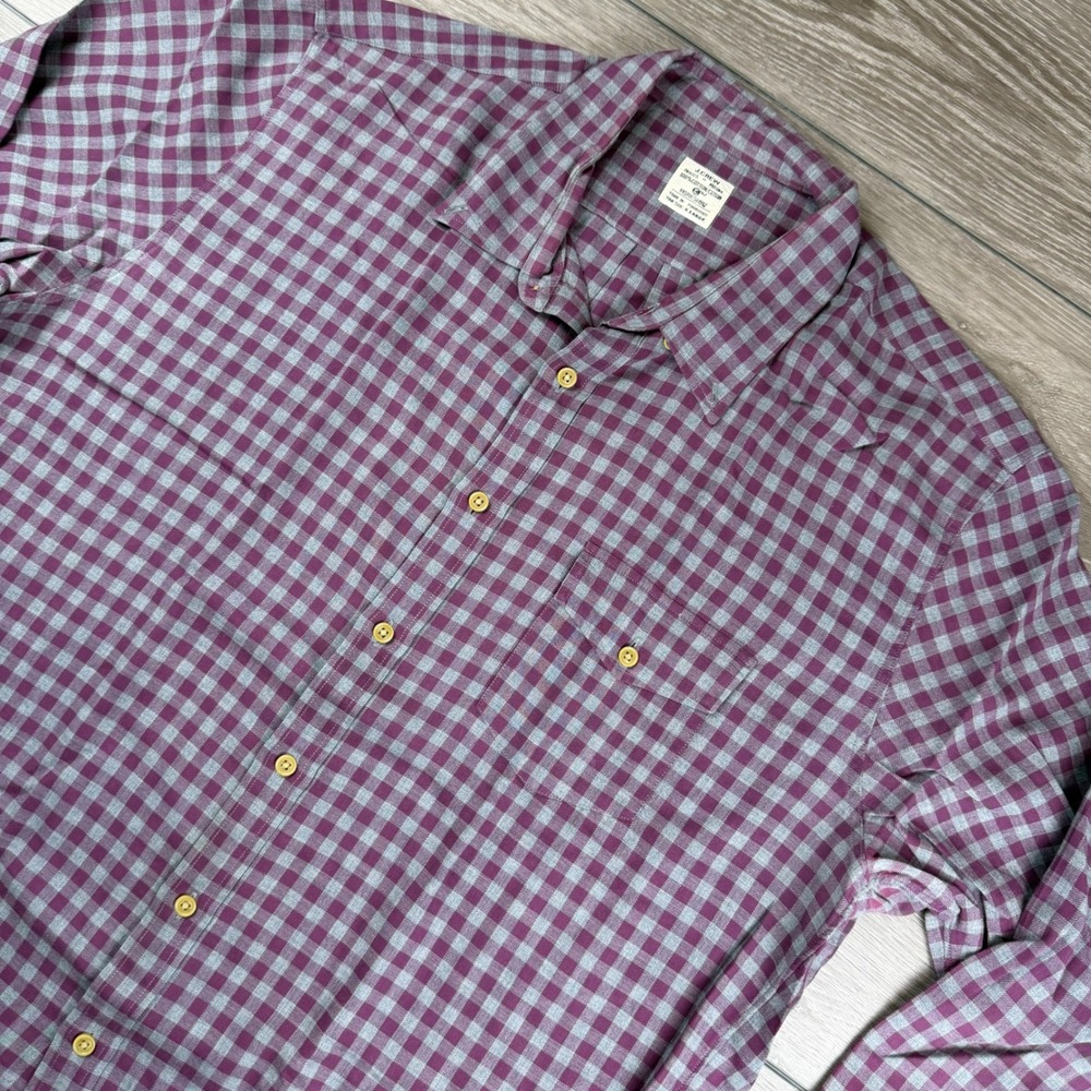 J.Crew Mens Workshirt Gingham Plaid Flannel Button Down Purple Grey XL